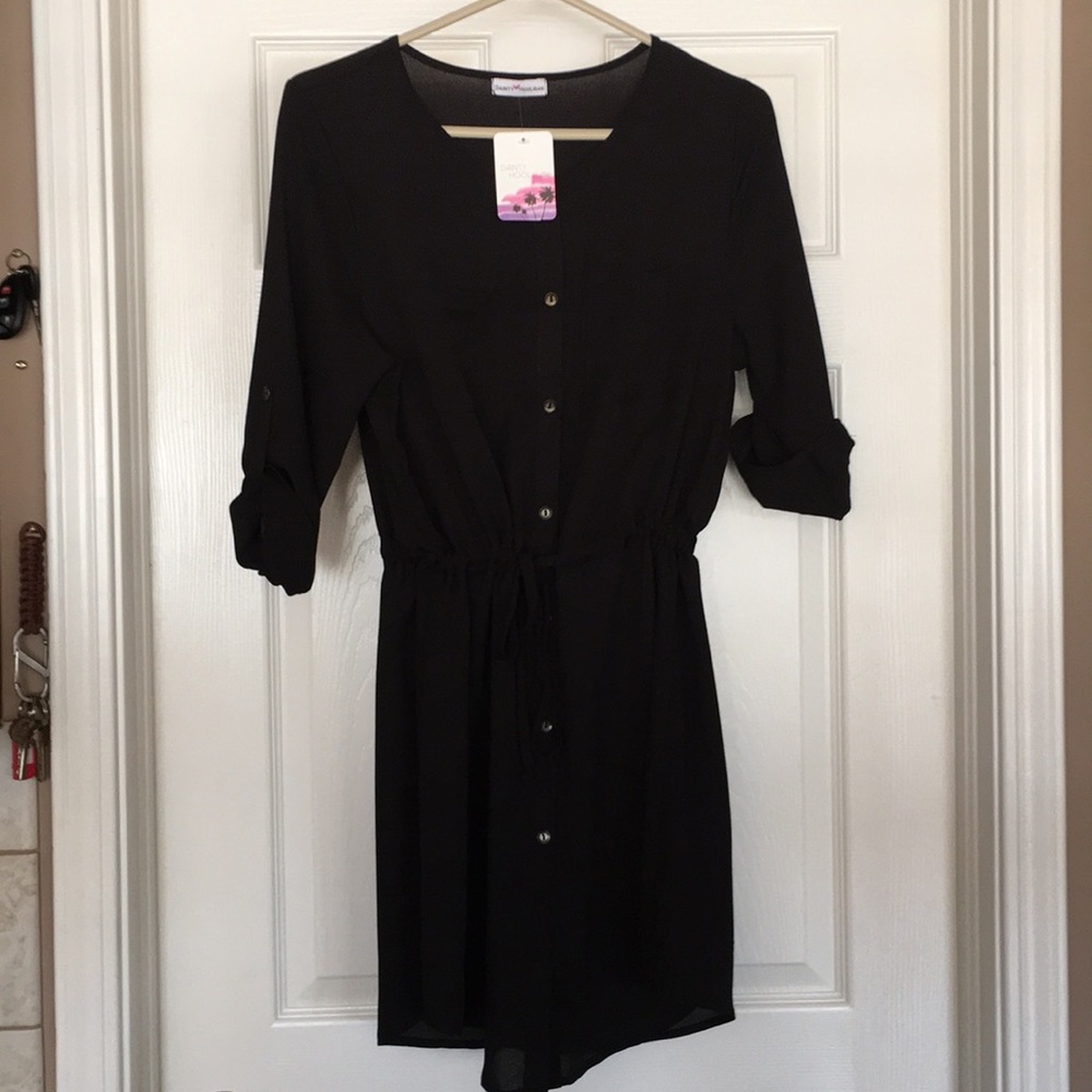 Dainty Hooligan button down black drawstring dress